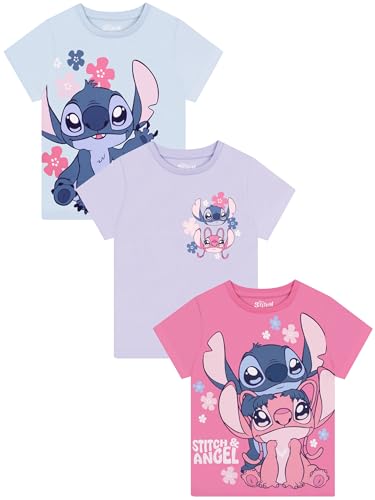 Disney Lilo & Stitch T Shirt Mädchen 3er-Pack, Stitch & Angel Tshirt Kinder Aus Baumwolle, Mädchen Kleidung Für Sommer, Mehrfarbig 140