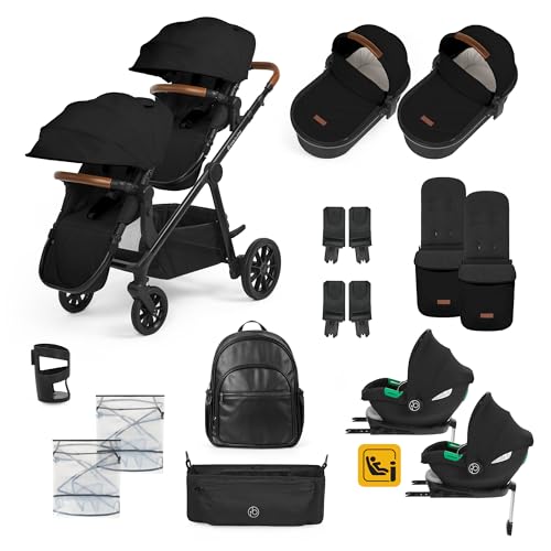 Ickle Bubba Virgo Twin 18-teiliges Reisesystem mit i-Size Cirrus-Autositzen und ISOFIX-Basis, geeignet von der Geburt bis zu 15 Monaten – Tandem-Kinderwagen und Zubehör (Schwarz)