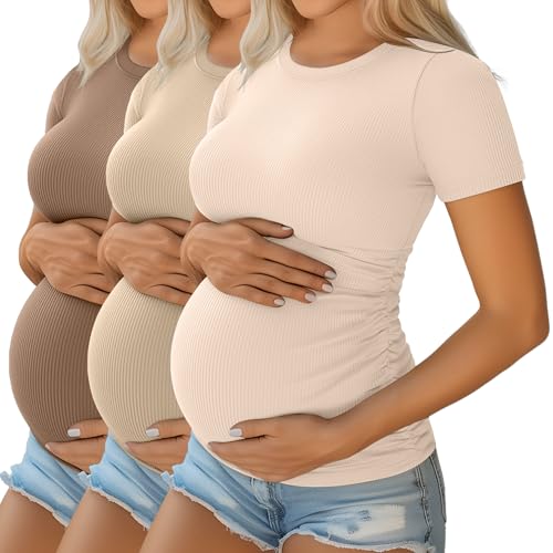 Ficerd 3er Pack Damen Umstandstops Baumwolle Kurzarm Schwangerschaftsshirts Rippstrick Freizeit Mama T-Shirts(Hellkaffee, Khaki, Aprikose)