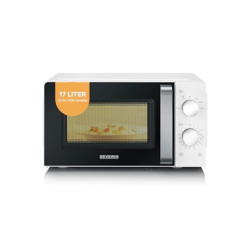 SEVERIN Mikrowelle Solo, zum Auftauen und Erhitzen, Mikrowellengerät mit Drehteller für gleichmäßige Wärmeverteilung 17 L, Weiß /Edelstahl, MW 7885