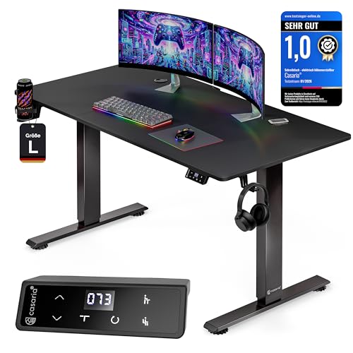 Casaria® Höhenverstellbarer Gaming Schreibtisch elektrisch 140 x 70 cm mit Wireless Charger & USB-C/A Anschluss LCD-Display Memory-Funktion 80 kg belastbar ergonomisch Gamer Carbon Optik