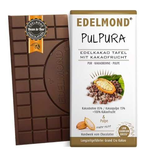100% Kakaobohne. Bittere Tafel mit etwas Fruchtfleisch der Kakaobohne. Leicht süß und Low Cadmium (PulPura Kakaofrucht Pur 75g)