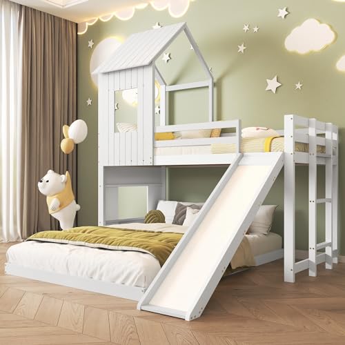 Rtopsu Kinderbett Etagenbett 90x200 cm & 140x200 cm mit Rutsche und Leiter, Hochbett Holzbett mit Rausfallschutz, Bett Bettgestell mit Lattenrost, Hausbett für 2-3 Kinder, Weiß, Ohne Matratze