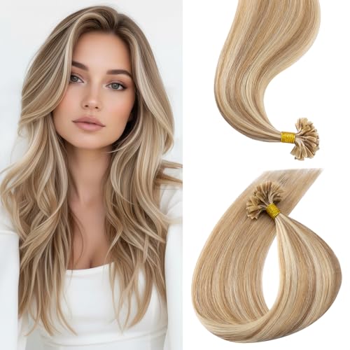 Benehair Extensions Echthaar Bondings, Haarverlangerung Keratin Bondings Echthaar, U Tip Extension 25 Strähne Pre Bonded Extensions Echt Haar, Flachsgelb/Hellgold Hot Fusion 35CM 20g #12RP613R