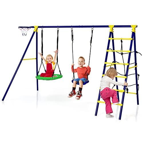 COSTWAY 5-in-1-Schaukelset mit 2 Schaukeln, Basketballkorb, Kletternetz und Kletterleiter, Kinderschaukel mit Gestell, Gartenschaukel, Schaukelgestell mit Doppelschaukel für Garten, Hof