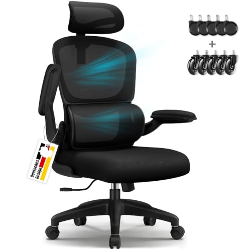 Aiidoits Bürostuhl, Bürostuhl Ergonomisch, Schreibtischstuhl mit 5D-Lendenwirbelstütze und Kopfstütze, 90° klappbaren Armlehnen, Schreibtischsessel Neigbar bis 135°, Office Chair,mit Gummiröllchen