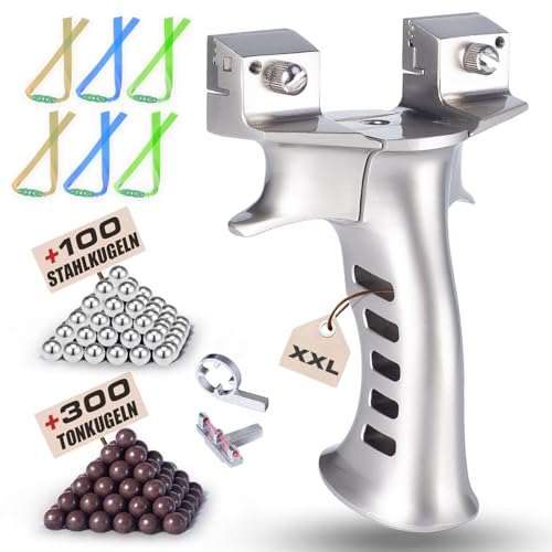 Zetterrank XXL Steinschleuder für Herren,Schwere Zwille für Erwachsene,Vollmetall Groß Schleuder,Outdoor Slingshot Set mit 6 Ersatzgummi+300 Tonkugeln+100 Stahlkugeln.