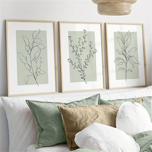 3er Set Premium Poster Set, Moderne Salbei Grüne Pflanzen Abstrakt Kunst Wandbilder, Boho Deko Bilder Für Wohnzimmer Schlafzimmer - Ohne Rahmen (40x50cm)