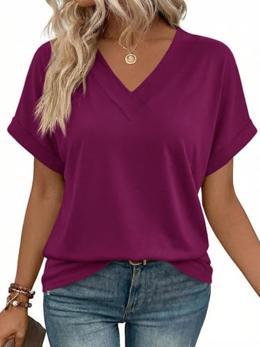 Cicy Bell Damen T Shirt Oversize Oberteil V-Ausschnitt,Dunkelviolett,XXL