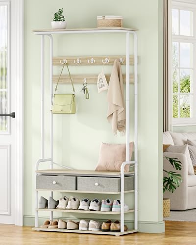 Hzuaneri Garderobenständer, Garderobe mit Schuhregal, 2 Schubladen aus Stoff, 9 Haken, Freistehender Kleiderständer für Flur, Eingang, Schlafzimmer, 30 x 80 x 180 cm, Eichenfarben-Weiß, HT20116W