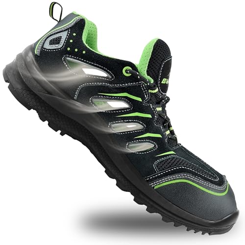 BWOLF Hawaii Sommer Arbeitsschuhe Herren S1P Herren Sicherheitsschuhe, ölbeständig, rutschfest mit 4x4 Grip Technologie und Verbundstoff Kappe (Schwarz, Numeric_43)