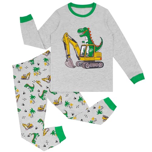 Hoseay Jungen Schlafanzug Kinder Baumwolle Langarm Oberteile und Hosen Pyjama Set Weich 2-Teiler Grau Bagger Dinosaurier Nachtwäsche Kinder Hausanzug kinderkleidung 6-7 Jahre Gr.116-122