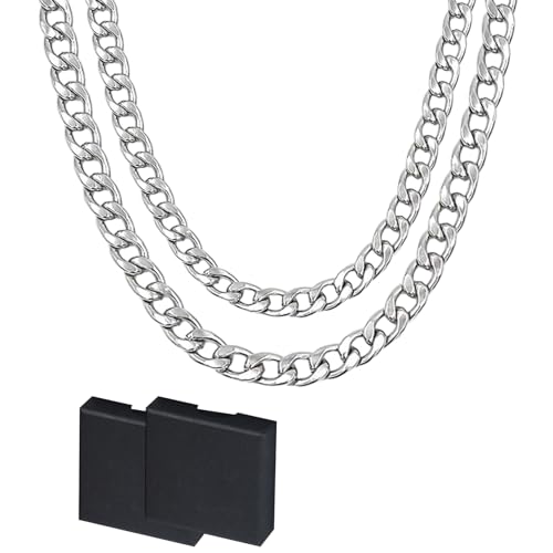 2 Stück Panzerkette Set, Hip Hop Kubanische Kette mit 2 Längen, Stabile Silberkette, Herren Halskette, Panzerkette Halskette, Kette aus Edelstahl, Geschenk für Männer, Frauen(Inklusive Box)