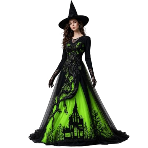 Shiketong Halloween Kostüm Damen Geisterkostüm Kleid Vintage Mittelalter Kleidung Lang Dresses for Women Sexy Gruselig Damenkleidung Elegant Cocktailkleid Für Halloween Cosplay Grün XXL