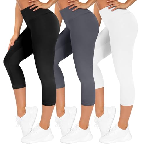 TNNZEET 3er Pack Capri Leggings Damen 3/4 für Sport, 7/8 Leggins High Waist Hose Sporthose für Gym Yoga(Schwarz/Dunkelgrau/Weiß,L-XL)