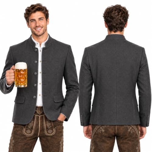 2026 Trachtenjacke Herren Stehkragen Oktoberfest Jacke mit Knopfleiste Leichte Tracht Jacke Grau Klassisch Traditionelle Herrenjacke Trachtenmode Outfit für Oktoberfest Volksfest Trachtenfest
