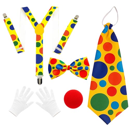 ZocRjvN 6-teiliges Zirkus Kostüm, Clown Kostüm Damen und Herren mit Hosenträgern, Krawatten, Clown Nase und Handschuhen für Karneval und Partys
