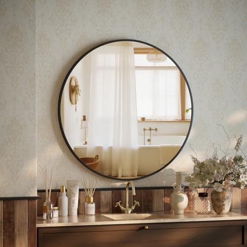 BEAUTYPEAK 46 cm Runder Spiegel, Bruchsicherer Wandspiegel mit Aluminiumrahmen, Badezimmer Spiegel zum Aufhängen und Anlehnen, Rund Wandspiegel für Schlafzimmer, Bad, Wohnzimmer