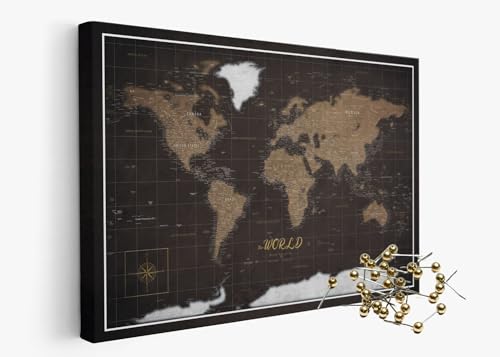 framed concept | Personalisierte Weltkarte mit Pinnnadeln | Handgefertigte Wanddekoration mit 50 goldenen Pins | Einzigartige Geschenkidee