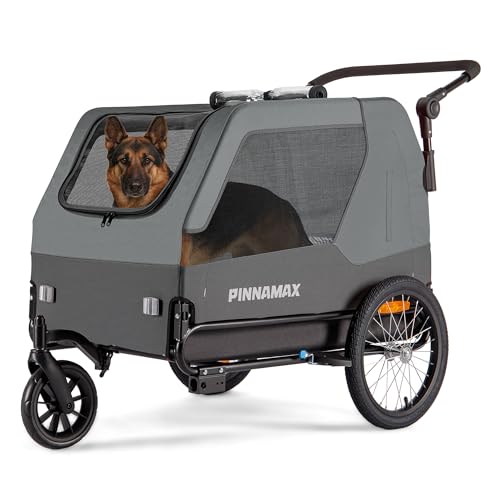PINNAMAX Hundeanhänger für Fahrräder – 2-in-1 Haustierbuggy, belastbar bis zu 45 kg – Fahrradanhänger für Hunde mit universeller Fahrradkupplung, rutschfestem Boden und integrierter Leine (Grau)