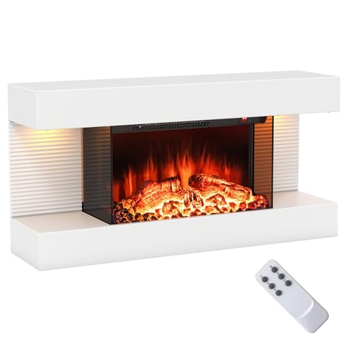 COSTWAY Elektrokamin mit Heizung & LED-Seitenlichtern, schwebender Wandkamin 1500W / 5000BTU mit Fernbedienung, 12 Flammenfarben, 8H-Timer, Standkamin 17℃-28℃ weiß