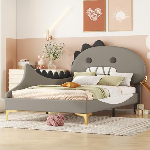 RIAZOS Bett 90x200 mit Lattenrost Kinder Mädchen Einzelbett, Kinderbett, Dinosaurierform, Bettgestell, Jugendbett, Bett für Jungen und Mädchen, PU, ohne Matratze