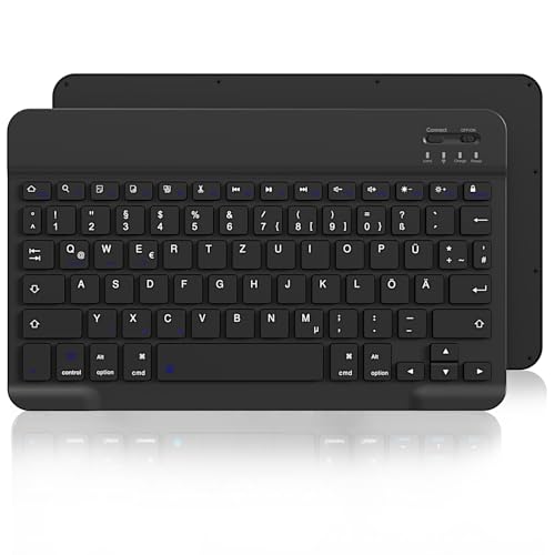 zoyu Ultradünn Bluetooth-Tastatur, Wiederaufladbare Kabellose Tastatur, Kompatibel mit iOS, Android, Windows, iPad, Tablet, Laptop, Smartphone, tragbar, leises QWERTZ-Layout, Schwarz