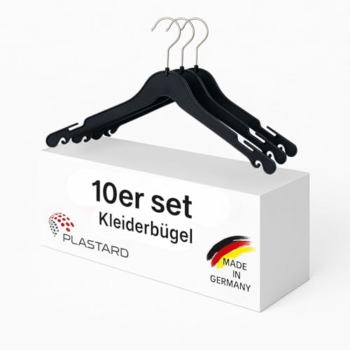 Plastard Kleiderbügel A43 10er Set schwarz Garderoben Bügel Kleiderschrank platzsparend für Hemden, Hosen, Röcke, Blusen, T-Shirt mit Rockbügel in schwarz oder weiß