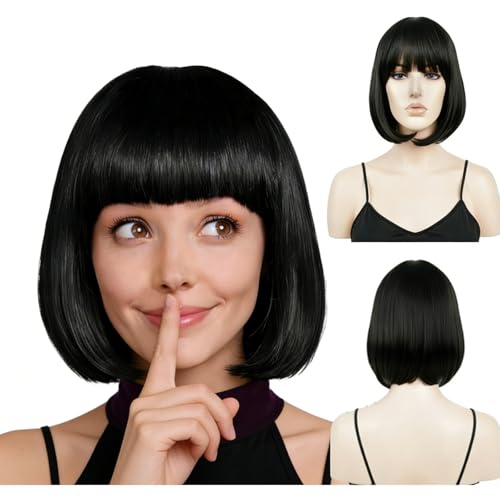 Bob Perücke für Damen & Herren Schwarz, 25 cm Schwarze Perücke Damen, Perücke Schwarz Echthaar Look, Wig mit natürlichem Aussehen und komfortabler Passform, für Alltag & Motto Party