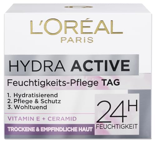 L'Oréal Paris Feuchtigkeitspflege für das Gesicht, Gesichtscreme für sensible Haut, Hydratisierende Tagescreme mit Glycerin und antioxidativem Vitamin E, Hydra Active 3 sensible Haut, 1 x 50 ml