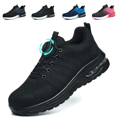 NACKINg Sicherheitsschuhe Herren Arbeitsschuhe Damen Leicht Atmungsaktiv Stahlkappenschuhe rutschfeste Arbeitsturnschuhe mit Drehknopf, Schwarz, EU 42