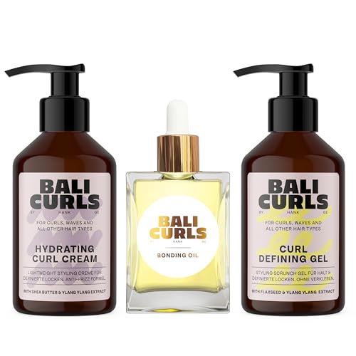 BALI CURLS Set – Curl Defining Gel (150 ml), Hydrating Curl Cream (150 ml) & Bonding Oil (30 ml) – Pflegeset für definierte, glänzende & gepflegte Locken