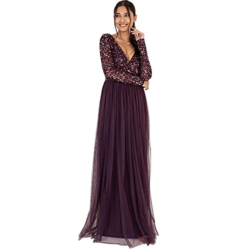 Maya Deluxe Damen Ladies Maxi Dress For Women With Long Sleeves V Neckline Plunging Sequin Embellished For Wedding Gue Kleid, Berry, 42 EU