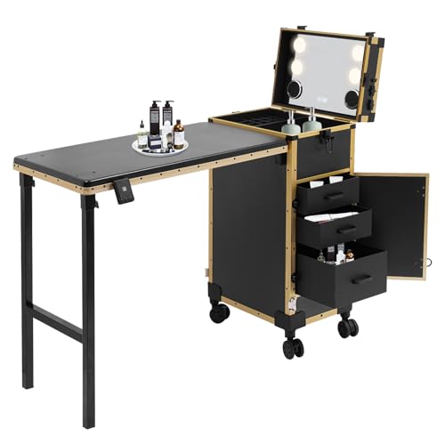 LENDISIY Kosmetik Trolley mit Tisch und Spiegel Kosmetikkoffer Make up Koffer mit Rollen Friseurkoffer Nageltisch Schminktisch Schminkkoffer, 3 Schubladen, für Heimtechniker, Spa, Schönheitssalon