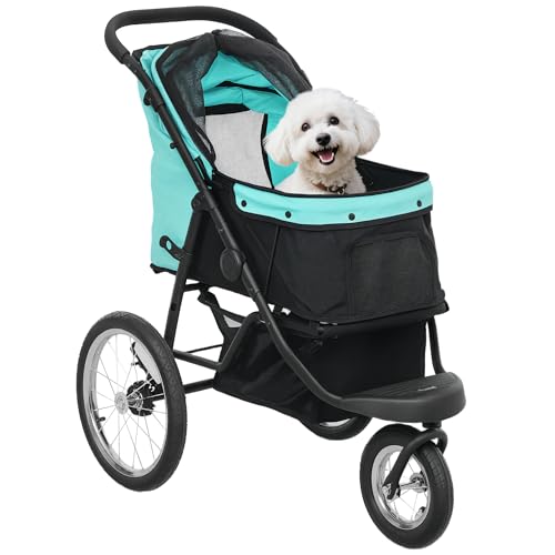 PawHut Hundewagen Jogger Hundebuggy klappbar für kleine Hunde & Katzen bis 10 kg Katzenbuggy mit 3 große Gummiräder, Kissen Netzfenstern Aufbewahrungskorb Katzenwagen mit Sicherheitsleinen, Türkis