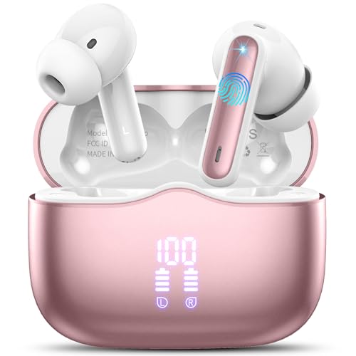 Bluetooth Kopfhörer, 2026 Kopfhörer Kabellos Bluetooth 5.4 mit 4 ENC Noise Cancelling Mics, 3D Tiefer Bass, 40Std In Ear Kabellose Kopfhörer IP7 Wasserdicht Sport Ohrhörer USB-C HiFi Stereo Roségold