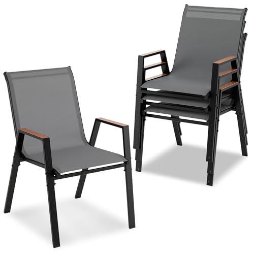 COSTWAY Gartenstühle stapelbar 4er Set, Stapelstühle, Terrassenstühle mit Armlehnen, Balkonstühle bis 180 kg belastbar, 56 x 66 x 88 cm (Grau)