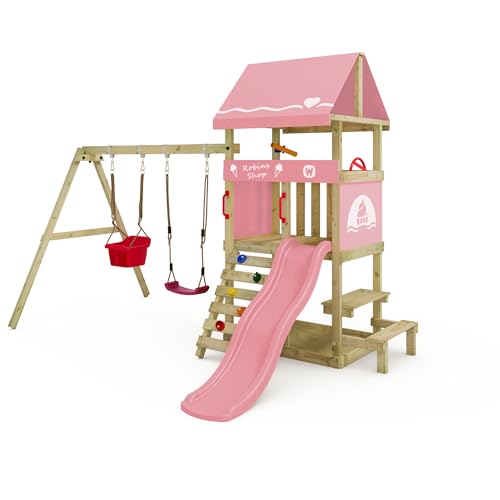 Wickey Spielturm DinkyHouse mit Picknicktisch - pastellpinke Rutsche & Plane - Kinder Kletterturm für den Garten aus Massivholz - 334x317x247 cm