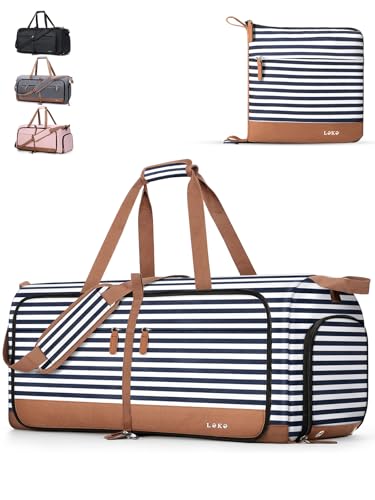 Lekesky Reisetasche Damen 80L Faltbare Reisetasche Weekender Sporttasche mit Schuhfach, wasserdichte Handgepäck Tasche/Sporttasche/Krankenhaustasche (Blau Gestreift)