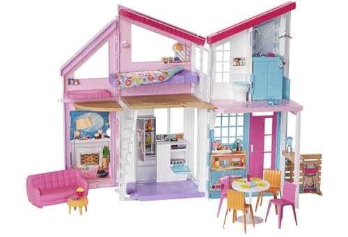 Barbie Malibu Haus, zweistöckige Traumvilla, mit 6 Zimmern, 25 Zubehör, Puppen, als Geschenk für Kinder ab 3 Jahren geeignet, FXG57