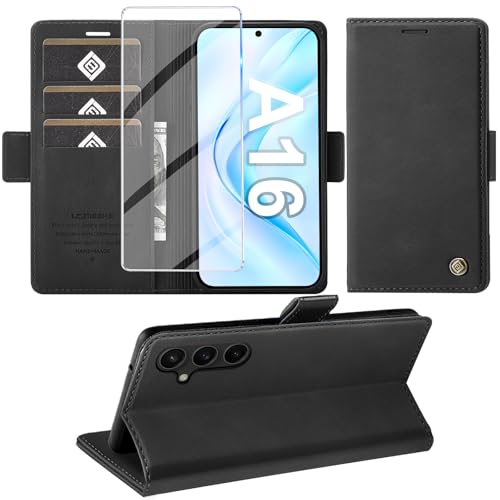 Giyer für Samsung Galaxy A16 5G Hülle mit Schutzfolie, Handyhülle Galaxy A16 4G/5G PU Leder Wallet Flip Case, Schutzhülle für Samsung A16 5G Klapphülle Tasche mit Kartenfach Standfunktion (Schwarz)