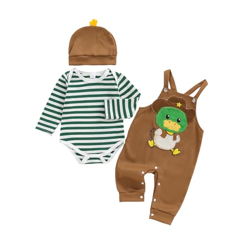 Himllauen Baby Jungen Kleidung Strampler Latzhose und Hut Set 3-teilige Bekleidungssets für Jungen Baby Set Neugeborene Geschenk Baby Klamotten Junge (Braun Ente, 3-6 Months)
