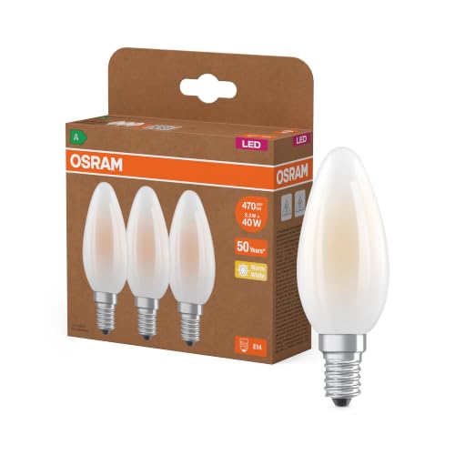 Osram Hocheffiziente LED Lampen mit Energieeffizienz Klasse A, Vorteilspack mit 3 Leuchtmittel, ersetzt herkömmliche 40W Glühbirnen, Kerzenform, warmweiß(2700K), E14, mattes Glas