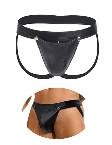 ohmydear String Tanga Männer Sexy PU Leder Jockstrap mit Schritt-Öffnung Herren Unterwäsche mit Beutel Ouvert Thong Low-Rise Unterhosen Mens Briefs für Party Rollenspiele Clubwear Schwarz L