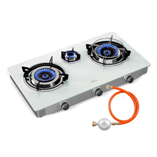 Klarstein Barzona Gaskochfeld, 3-Brenner Edelstahl & Glas, 8,45kW, Tragbarer Campingkocher mit Piezo-Zündung & Flammenausfallsicherung, Komplettset mit Schlauch & Regler