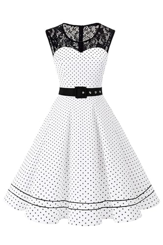 AXOE Damen Rockabilly Kleid 50er Jahre Outfit Vintage A-Linie Festlich mit Gürtel Elegant Cocktailkleid für Hochzeit Weiß mit Blumenmuster F1, Gr.42, XL