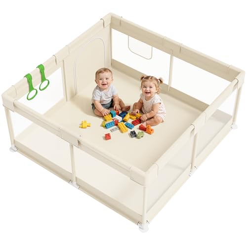 Fodoss Beige Laufstall Baby Klein – 120x120 Laufstall für und Kleinkinder, Laufgitter Baby mit atmungsaktivem Mesh, Laufgitter & -ställe für Wohnungen