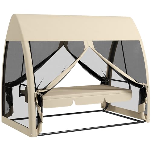 Outsunny 2 in 1 Hollywoodschaukel mit Liegefunktion 3-Sitzer Gartenschaukel mit Baldachin, Mückennetz, Schaukelbank belast bis 300kg, Gartenliege für Garten, Terrasse, 240 x 140 x 197 cm, Kaffee