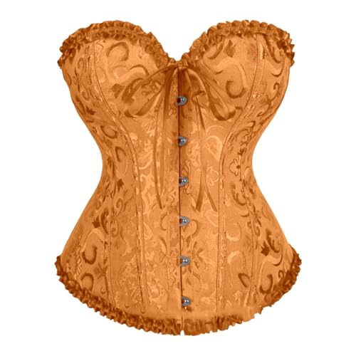 Generisch Korsett Damen Orange,Korsett Damen Satin Jacquard Corsage Oberteil Trägerlos Elegant Grosse Grössen für Karneval Cosplay Ausführen Halloween Goldener S