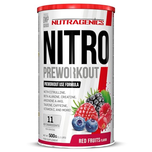 NUTRAGENICS Nitro Pre Workout - 500 g - Pre Workout Booster mit Koffein - Mit 4.000 mg L-Citrullin + 3.000 mg Beta-Alanin - 200 mg Koffein - mit Kreatin, AAKG, Taurin (500 g, Rote Früchte)